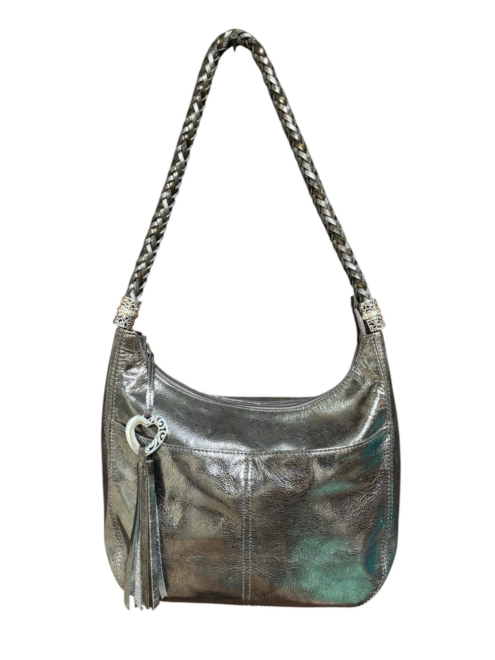 Brighton Barbados ziptop hobo bag featuring a shimmering metallic silver finish